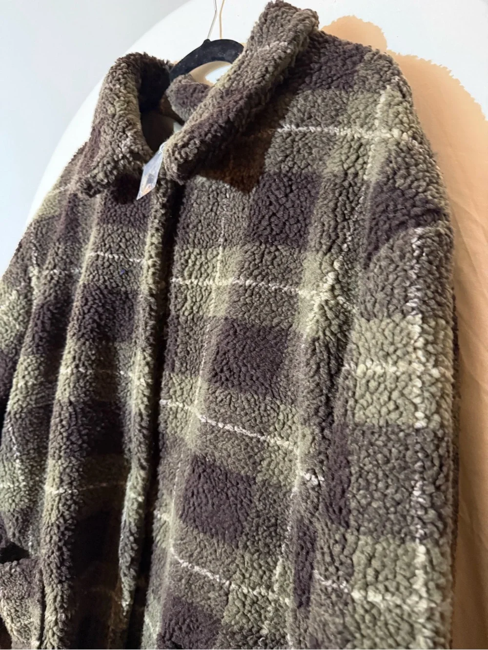 BloomChic Olive Green and Black Plaid Sherpa Coat